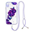 For iPhone XR Colored Drawing Starry Sky Epoxy TPU Shockproof Case with Neck Lanyard(Purple Flower Butterfly) - 1