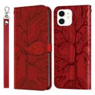 For iPhone 13 mini Life of Tree Embossing Pattern Horizontal Flip Leather Case with Holder & Card Slot & Wallet & Photo Frame & Lanyard (Red) - 1