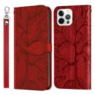 For iPhone 13 Pro Max Life of Tree Embossing Pattern Horizontal Flip Leather Case with Holder & Card Slot & Wallet & Photo Frame & Lanyard (Red) - 1