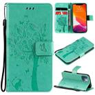For iPhone 13 mini Tree & Cat Pattern Pressed Printing Horizontal Flip PU Leather Case with Holder & Card Slots & Wallet & Lanyard (Green) - 1