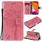 For iPhone 13 mini Tree & Cat Pattern Pressed Printing Horizontal Flip PU Leather Case with Holder & Card Slots & Wallet & Lanyard (Pink) - 1