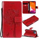 For iPhone 13 mini Tree & Cat Pattern Pressed Printing Horizontal Flip PU Leather Case with Holder & Card Slots & Wallet & Lanyard (Red) - 1