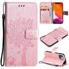 For iPhone 13 mini Tree & Cat Pattern Pressed Printing Horizontal Flip PU Leather Case with Holder & Card Slots & Wallet & Lanyard (Rose Gold) - 1