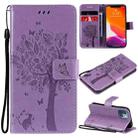 For iPhone 13 mini Tree & Cat Pattern Pressed Printing Horizontal Flip PU Leather Case with Holder & Card Slots & Wallet & Lanyard (Light Purple) - 1
