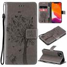 For iPhone 13 Tree & Cat Pattern Pressed Printing Horizontal Flip PU Leather Case with Holder & Card Slots & Wallet & Lanyard(Grey) - 1