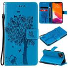 For iPhone 13 Tree & Cat Pattern Pressed Printing Horizontal Flip PU Leather Case with Holder & Card Slots & Wallet & Lanyard(Blue) - 1