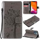 For iPhone 13 Pro Tree & Cat Pattern Pressed Printing Horizontal Flip PU Leather Case with Holder & Card Slots & Wallet & Lanyard (Grey) - 1