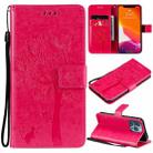 For iPhone 13 Pro Tree & Cat Pattern Pressed Printing Horizontal Flip PU Leather Case with Holder & Card Slots & Wallet & Lanyard (Rose Red) - 1