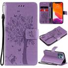 For iPhone 13 Pro Tree & Cat Pattern Pressed Printing Horizontal Flip PU Leather Case with Holder & Card Slots & Wallet & Lanyard (Light Purple) - 1