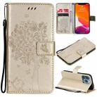 For iPhone 13 Pro Tree & Cat Pattern Pressed Printing Horizontal Flip PU Leather Case with Holder & Card Slots & Wallet & Lanyard (Gold) - 1