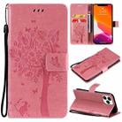 For iPhone 13 Pro Max Tree & Cat Pattern Pressed Printing Horizontal Flip PU Leather Case with Holder & Card Slots & Wallet & Lanyard (Pink) - 1