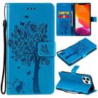 For iPhone 13 Pro Max Tree & Cat Pattern Pressed Printing Horizontal Flip PU Leather Case with Holder & Card Slots & Wallet & Lanyard (Blue) - 1