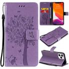 For iPhone 13 Pro Max Tree & Cat Pattern Pressed Printing Horizontal Flip PU Leather Case with Holder & Card Slots & Wallet & Lanyard (Light Purple) - 1
