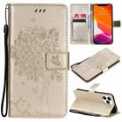 For iPhone 13 Pro Max Tree & Cat Pattern Pressed Printing Horizontal Flip PU Leather Case with Holder & Card Slots & Wallet & Lanyard (Gold) - 1