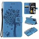 Tree & Cat Pattern Pressed Printing Horizontal Flip PU Leather Case with Holder & Card Slots & Wallet & Lanyard For OPPO Realme GT 5G(Blue) - 1