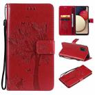 For Samsung Galaxy A03s 164mm Tree & Cat Pattern Pressed Printing Horizontal Flip PU Leather Case with Holder & Card Slots & Wallet & Lanyard(Red) - 1