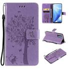 Tree & Cat Pattern Pressed Printing Horizontal Flip PU Leather Case with Holder & Card Slots & Wallet & Lanyard For OnePlus N200 5G(Light Purple) - 1