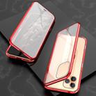 For iPhone 11 Pro Max Ultra Slim Double Sides Magnetic Adsorption Angular Frame Tempered Glass Magnet Flip Case(Red) - 1