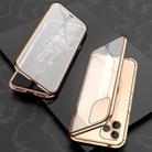 For iPhone 11 Pro Max Ultra Slim Double Sides Magnetic Adsorption Angular Frame Tempered Glass Magnet Flip Case(Gold) - 1