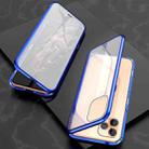 For iPhone 11 Pro Max Ultra Slim Double Sides Magnetic Adsorption Angular Frame Tempered Glass Magnet Flip Case(Blue) - 1