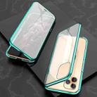 For iPhone 11 Pro Max Ultra Slim Double Sides Magnetic Adsorption Angular Frame Tempered Glass Magnet Flip Case(Green) - 1