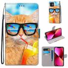 For iPhone 13 Coloured Drawing Cross Texture Horizontal Flip PU Leather Case with Holder & Card Slots & Wallet & Lanyard(Cat Drinking Soda) - 1
