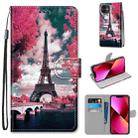 For iPhone 13 Coloured Drawing Cross Texture Horizontal Flip PU Leather Case with Holder & Card Slots & Wallet & Lanyard(Pink Flower Tower Bridge) - 1