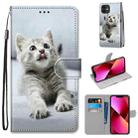 For iPhone 13 Coloured Drawing Cross Texture Horizontal Flip PU Leather Case with Holder & Card Slots & Wallet & Lanyard(Small Gray Cat) - 1