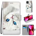 For iPhone 13 Coloured Drawing Cross Texture Horizontal Flip PU Leather Case with Holder & Card Slots & Wallet & Lanyard(White Kitten) - 1