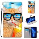 For iPhone 13 Pro Coloured Drawing Cross Texture Horizontal Flip PU Leather Case with Holder & Card Slots & Wallet & Lanyard (Cat Drinking Soda) - 1