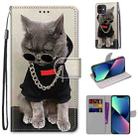 For iPhone 13 mini Coloured Drawing Cross Texture Horizontal Flip PU Leather Case with Holder & Card Slots & Wallet & Lanyard (B09 Golden Chain Grey Cat) - 1