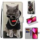 For iPhone 13 Coloured Drawing Cross Texture Horizontal Flip PU Leather Case with Holder & Card Slots & Wallet & Lanyard(B09 Golden Chain Grey Cat) - 1