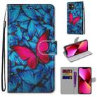For iPhone 13 Coloured Drawing Cross Texture Horizontal Flip PU Leather Case with Holder & Card Slots & Wallet & Lanyard(Blue Red Butterfly) - 1