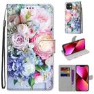 For iPhone 13 Coloured Drawing Cross Texture Horizontal Flip PU Leather Case with Holder & Card Slots & Wallet & Lanyard(Light Pink Bouquet) - 1