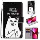 For iPhone 13 Coloured Drawing Cross Texture Horizontal Flip PU Leather Case with Holder & Card Slots & Wallet & Lanyard(Middle Finger White Cat) - 1