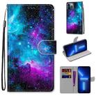 For iPhone 13 Pro Coloured Drawing Cross Texture Horizontal Flip PU Leather Case with Holder & Card Slots & Wallet & Lanyard (Purple Green Starry Sky) - 1
