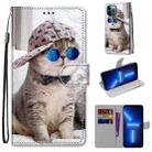 For iPhone 13 Pro Coloured Drawing Cross Texture Horizontal Flip PU Leather Case with Holder & Card Slots & Wallet & Lanyard (Slant Hat Blue Mirror Cat) - 1