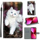 For iPhone 13 Voltage Colored Drawing Magnetic Clasp Horizontal Flip PU Leather Case with Holder & Card Slots(C08 Flower Bush Big White Cat) - 1