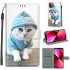For iPhone 13 Voltage Colored Drawing Magnetic Clasp Horizontal Flip PU Leather Case with Holder & Card Slots(C15 Blue Sweater White Cat) - 1