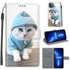 For iPhone 13 Pro Voltage Colored Drawing Magnetic Clasp Horizontal Flip PU Leather Case with Holder & Card Slots (C15 Blue Sweater White Cat) - 1