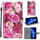 For iPhone 13 Pro Max Voltage Colored Drawing Magnetic Clasp Horizontal Flip PU Leather Case with Holder & Card Slots (C17 Green Leaf Pink Rose) - 1