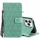 For iPhone 13 Pro Max Pressed Printing Rattan Flower Pattern Horizontal Flip PU Leather Case with Holder & Card Slots & Wallet & Photo Frame (Green) - 1