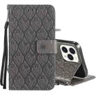 For iPhone 13 Pro Max Pressed Printing Rattan Flower Pattern Horizontal Flip PU Leather Case with Holder & Card Slots & Wallet & Photo Frame (Grey) - 1