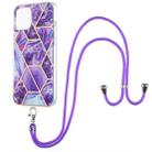 For iPhone 13 Electroplating Splicing Marble Pattern Dual-side IMD TPU Shockproof Case with Neck Lanyard(Dark Purple) - 1