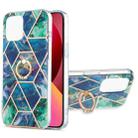 For iPhone 13 Electroplating Splicing Marble Pattern Dual-side IMD TPU Shockproof Case with Ring Holder(Blue Green) - 1