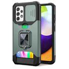 For Samsung Galaxy A52 Sliding Camera Cover Design PC + TPU Shockproof Case with Ring Holder & Card Slot(Dark Green) - 1