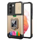 For Samsung Galaxy S21+ Sliding Camera Cover Design PC + TPU Shockproof Case with Ring Holder & Card Slot(Gold) - 1