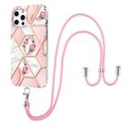 For iPhone 12 / 12 Pro Electroplating Splicing Marble Flower Pattern TPU Shockproof Case with Lanyard(Pink Flower) - 1