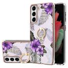 For Samsung Galaxy S21 5G Electroplating Pattern IMD TPU Shockproof Case with Rhinestone Ring Holder(Purple Flower) - 1