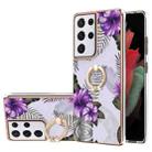 For Samsung Galaxy S21 Ultra 5G Electroplating Pattern IMD TPU Shockproof Case with Rhinestone Ring Holder(Purple Flower) - 1